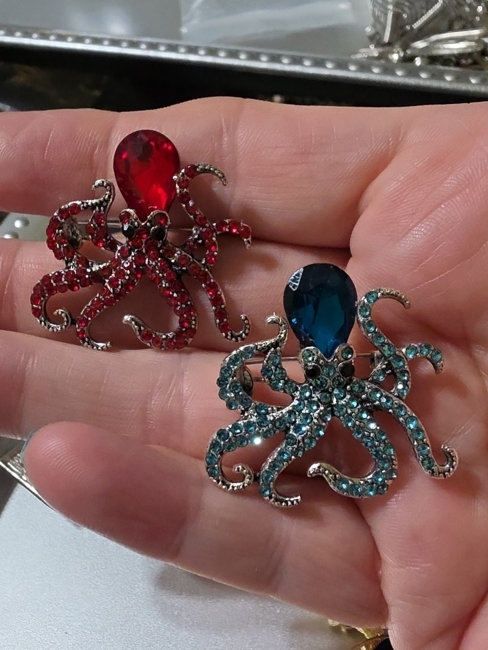 A61- 2 Sparkling Octopus Brooch Red and Teal Crystal Sea Charm
